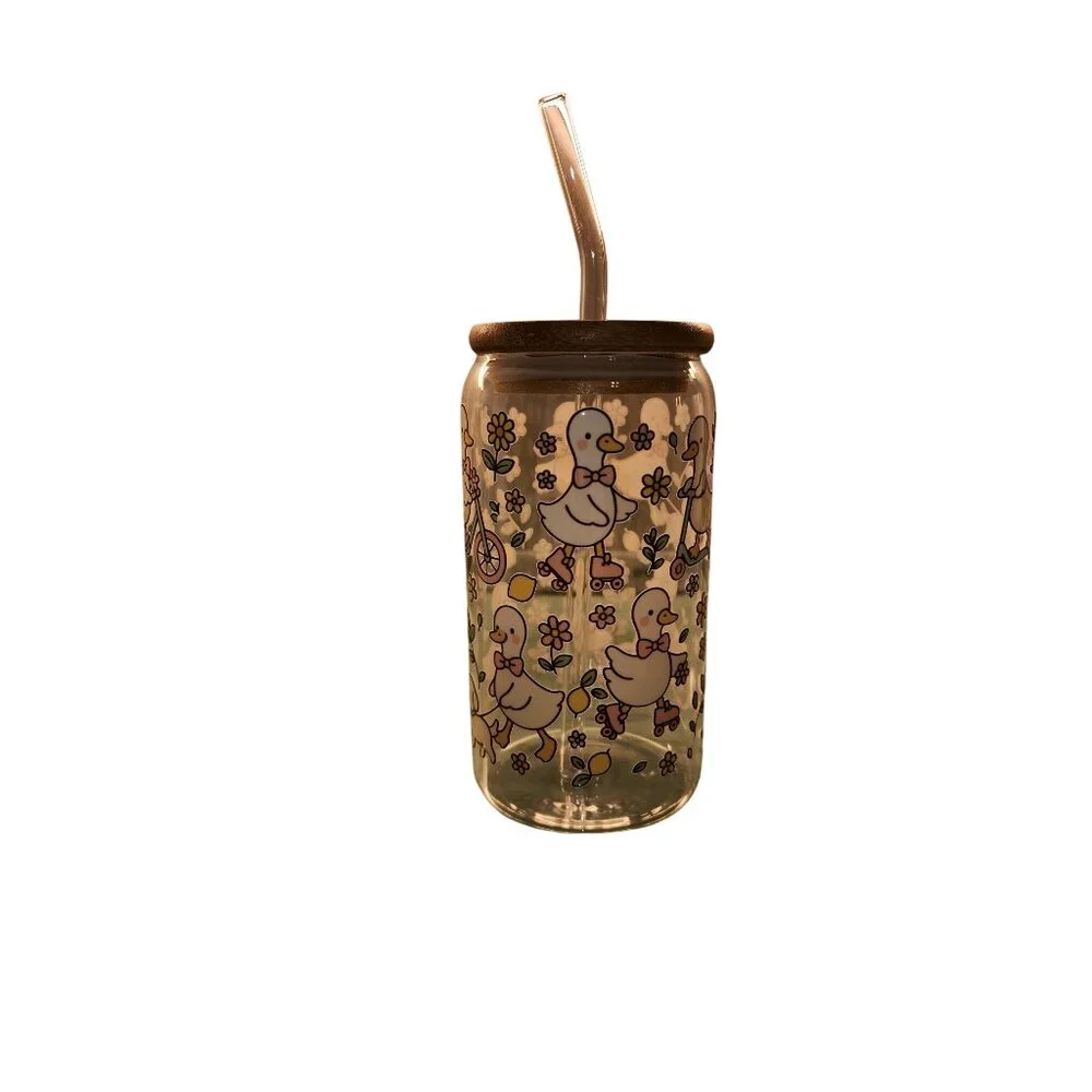 Handmade Glass Tumbler With Bamboo Lid & Straw - Spring Goose Roller Skating